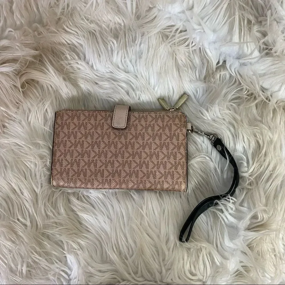 Michael Kors Pink Monogram Double Zip Wristlet Wallet
